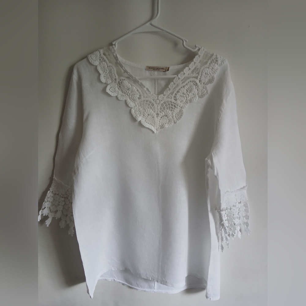 Vanessa Alexandra Made In Italy White Linen  Crochet V-Neck & Sleeve Tunic SzM